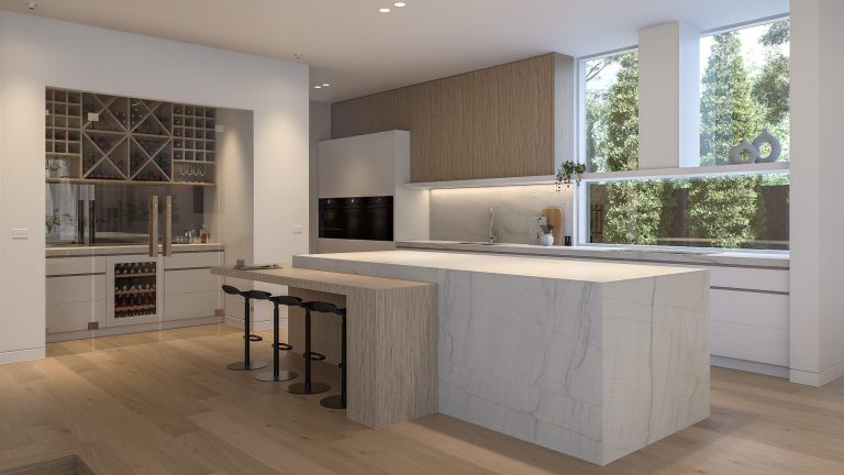 Luxury kitchen with wide aluminium fixed windows bringing in garden views