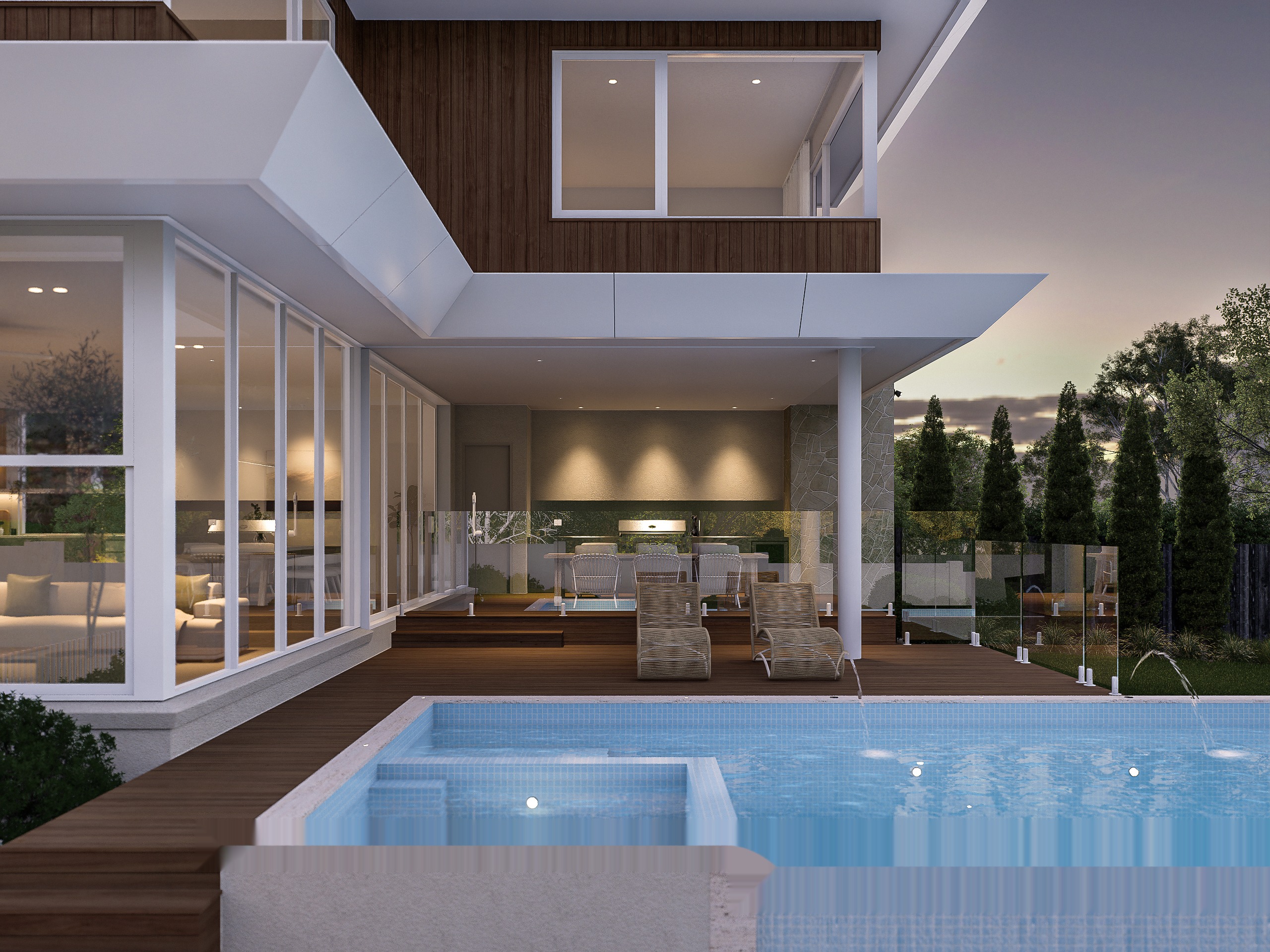 Pool alfresco at night with large aluminium sliding doors - Bentleigh East