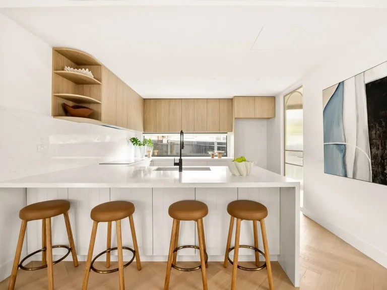 Completed Ashburton kitchen with a wide aluminium fixed window above the benchtop