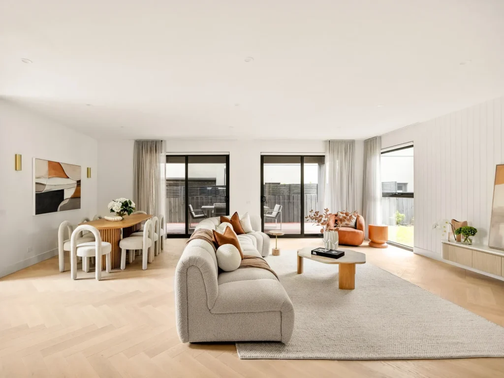 Completed Ashburton open-plan living area with aluminium sliding doors and windows