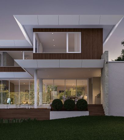 Night view of Bentleigh East home featuring custom white aluminium windows and doors