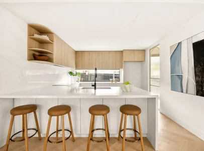 Completed Ashburton kitchen with a wide aluminium fixed window above the benchtop
