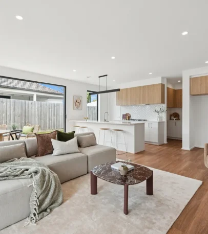Open plan living and kitchen with aluminium sliding doors to outdoor area - Tyabb